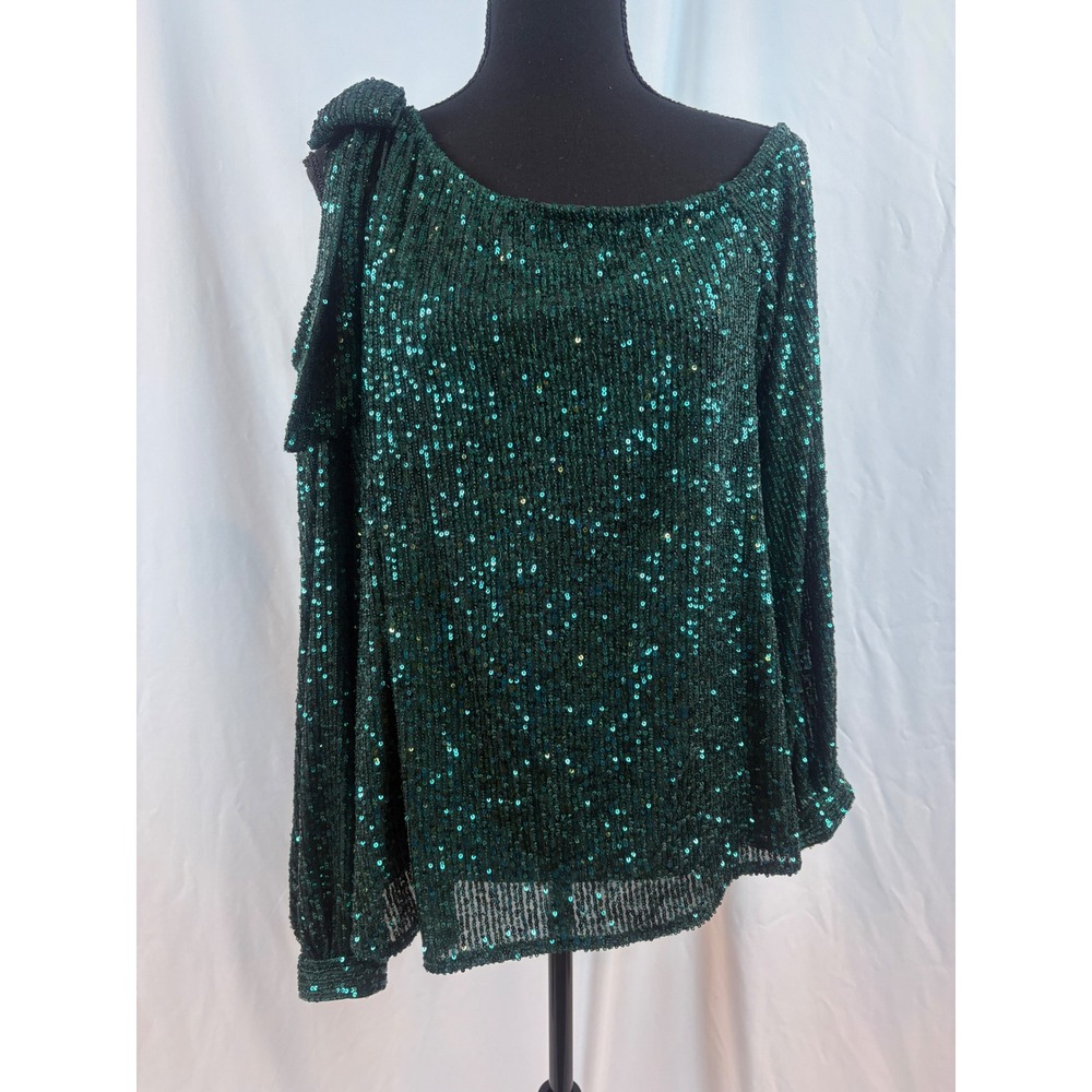 CeCe Emerald Green Sequin One-Shoulder Bow Cut-out Blouse